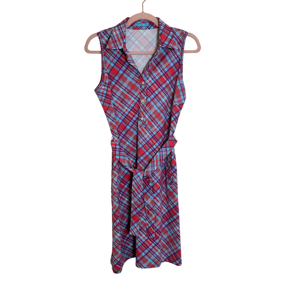 J. McLaughlin Catalina Cloth Sleeveless Dress Size S Red Blue Plaid Belted